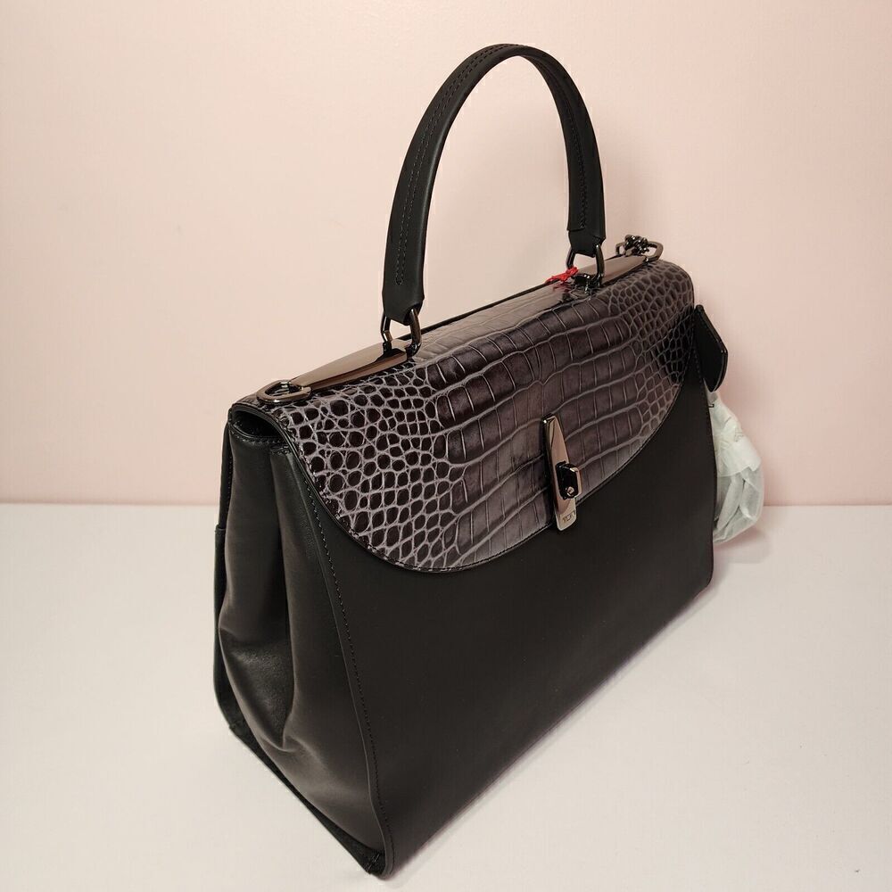 NWT Tumi Mezzanine RIVERA Crocodile Embossed Leather Satchel GREY